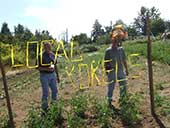 A man stands behind a chain fence beside a scarecrow; "Local Yokels" is spelled with ribbon tied in the fence.